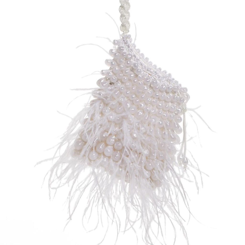 Cult Gaia Dory Ostrich Feather Beaded Wristlet in White, NWT