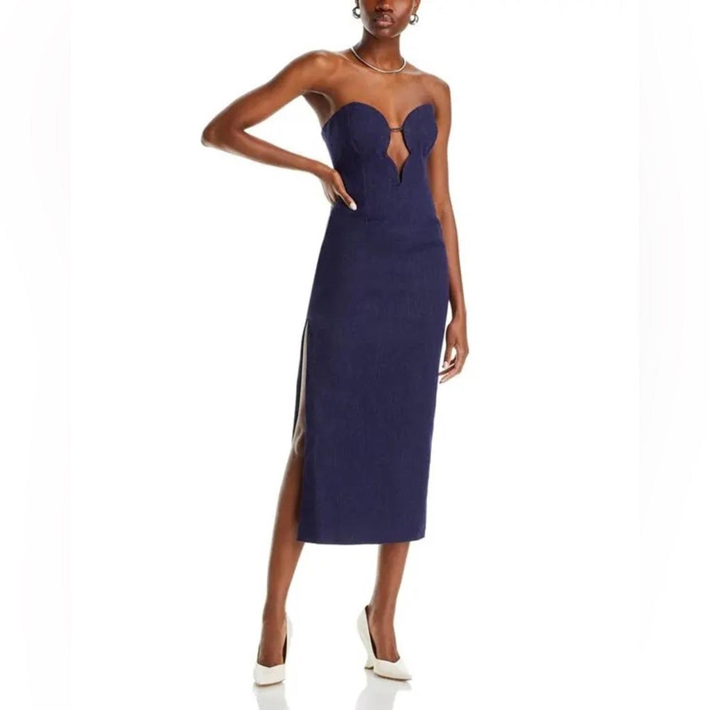 Bardot Eleni Denim Strapless Midi Dress in Dark Blue, Size EUR 36 US 4 UK 8, NEW