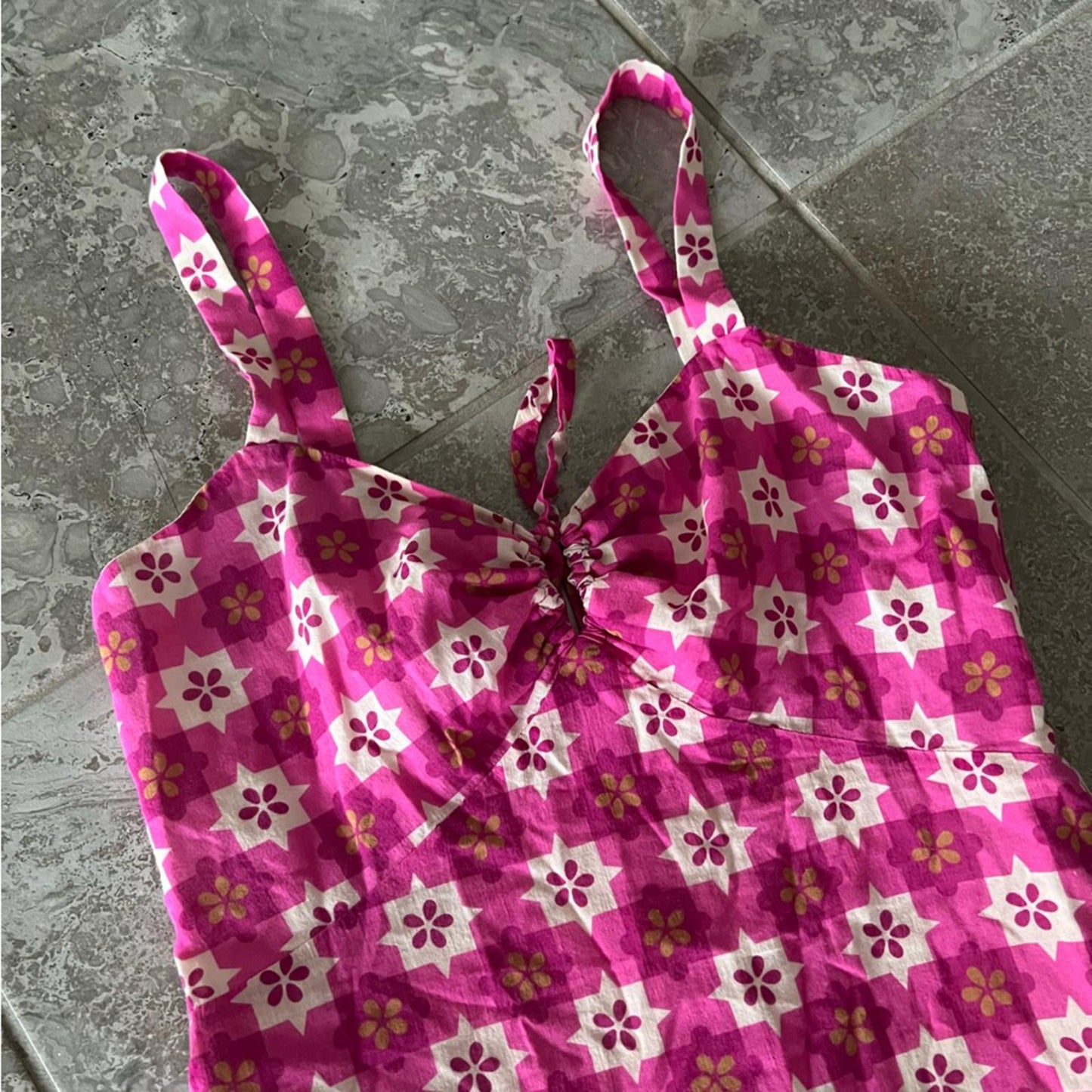 $518 Anna Sui Utopian Gingham Cotton Slip Dress in Neon Pink, Size 2