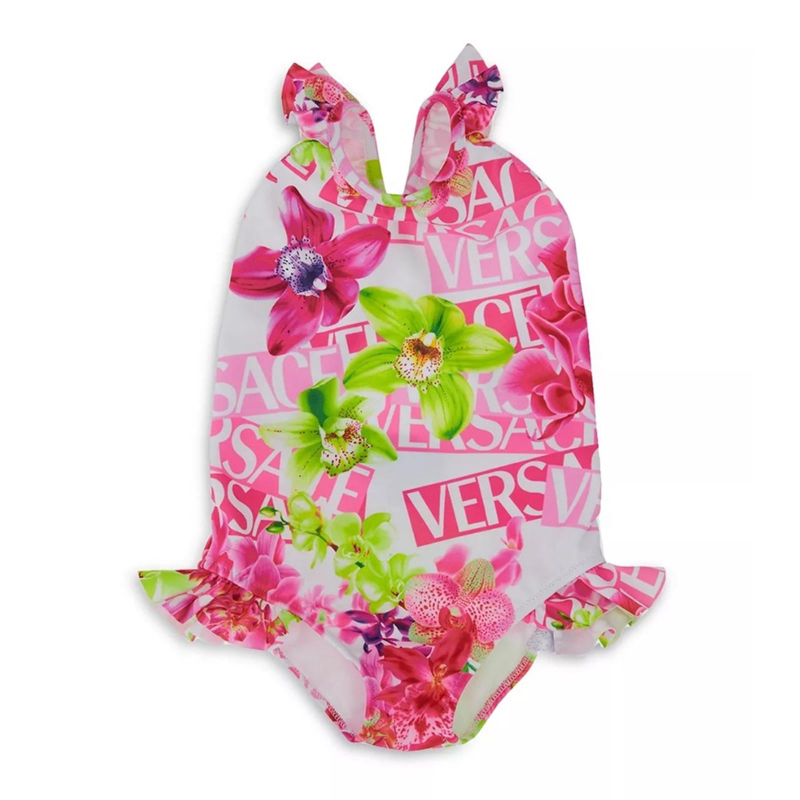 Versace Girls' Orchid & Logo Print Swimsuit - Size 36 Months New w/Tag