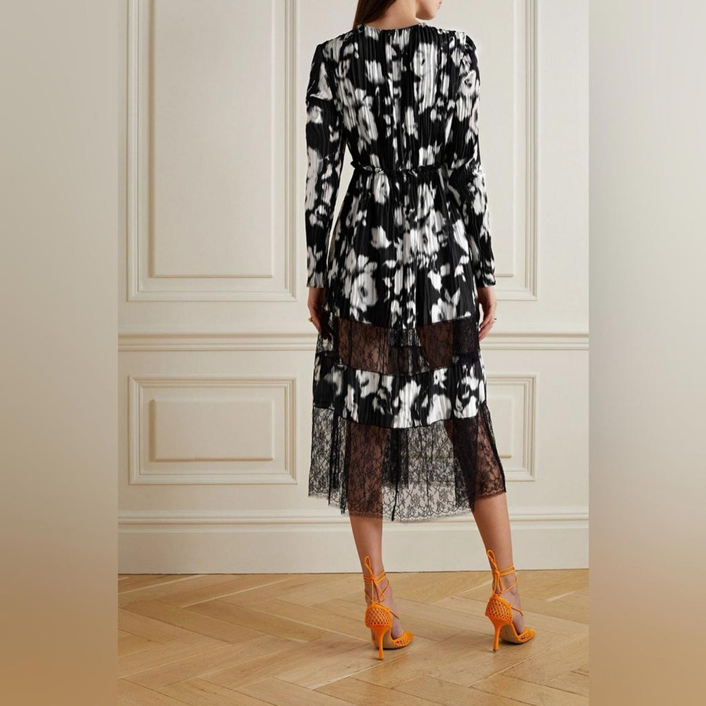 Jason Wu Collection Lace-Paneled Floral Plissé Silk-Satin Midi Dress, NWT, Size4