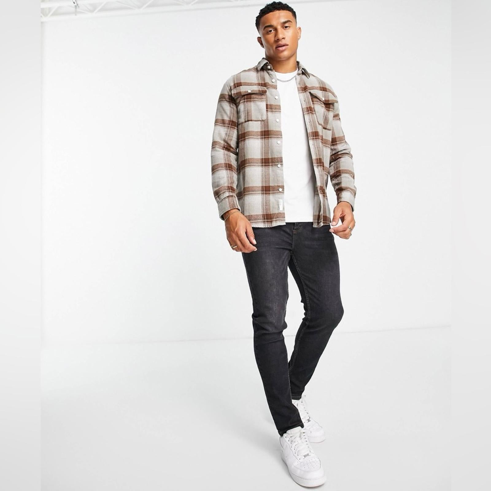 Selected Homme Check Shirt Selected Regscot in Beige/ Brown, NWT, Size XL