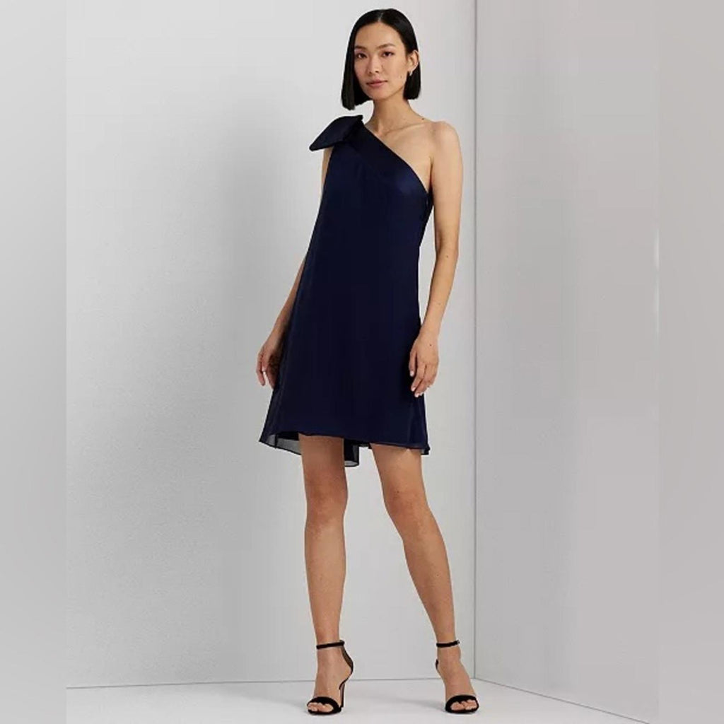 Lauren Ralph Lauren One-Shoulder Satin-Trim Dress in Navy, Size 2, NEW
