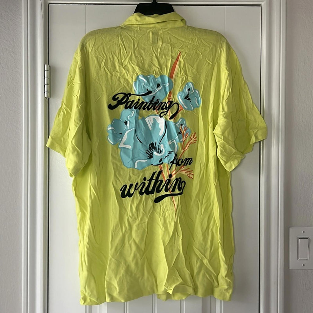Zara Casual Button Front Shirt Painting From Within in Lemon Green, NEW, Size L