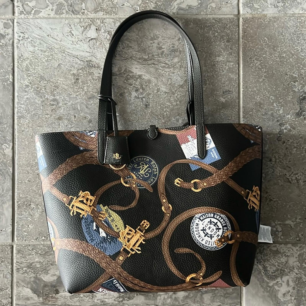Lauren Ralph Lauren Large Reversible Tote Bag in Dark Olive/Belting Print, NWT