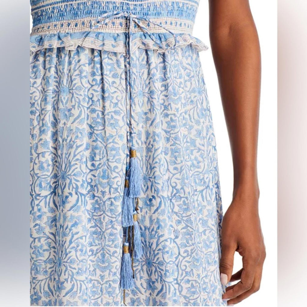 Bell Ashley Ruffled Puff Sleeve Midi Dress in Blue White, Size XL New w/Tag $408