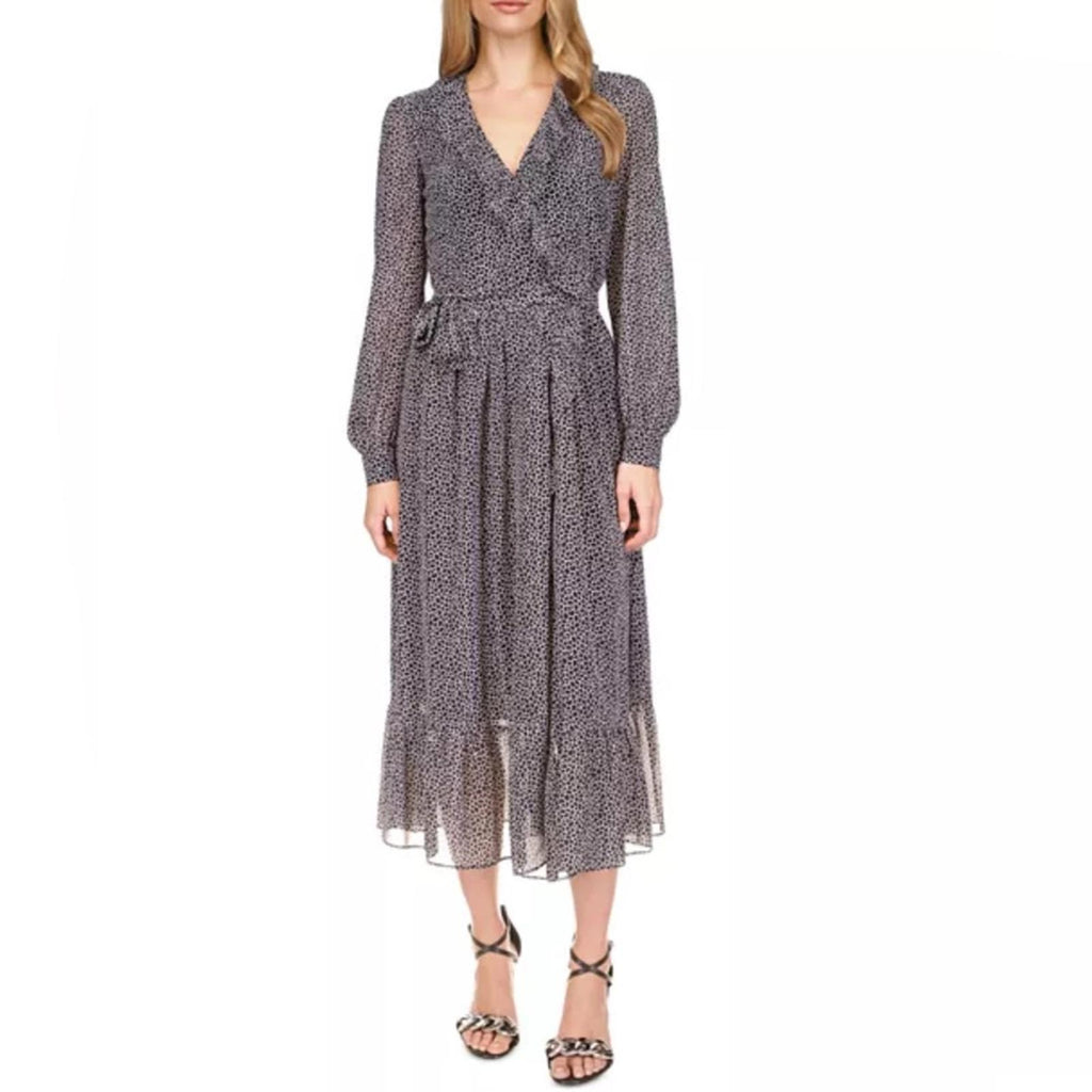 Michael Kors Sheer Tie Ruffled Printed Wrap Dress in Black/White, NWT, Size S