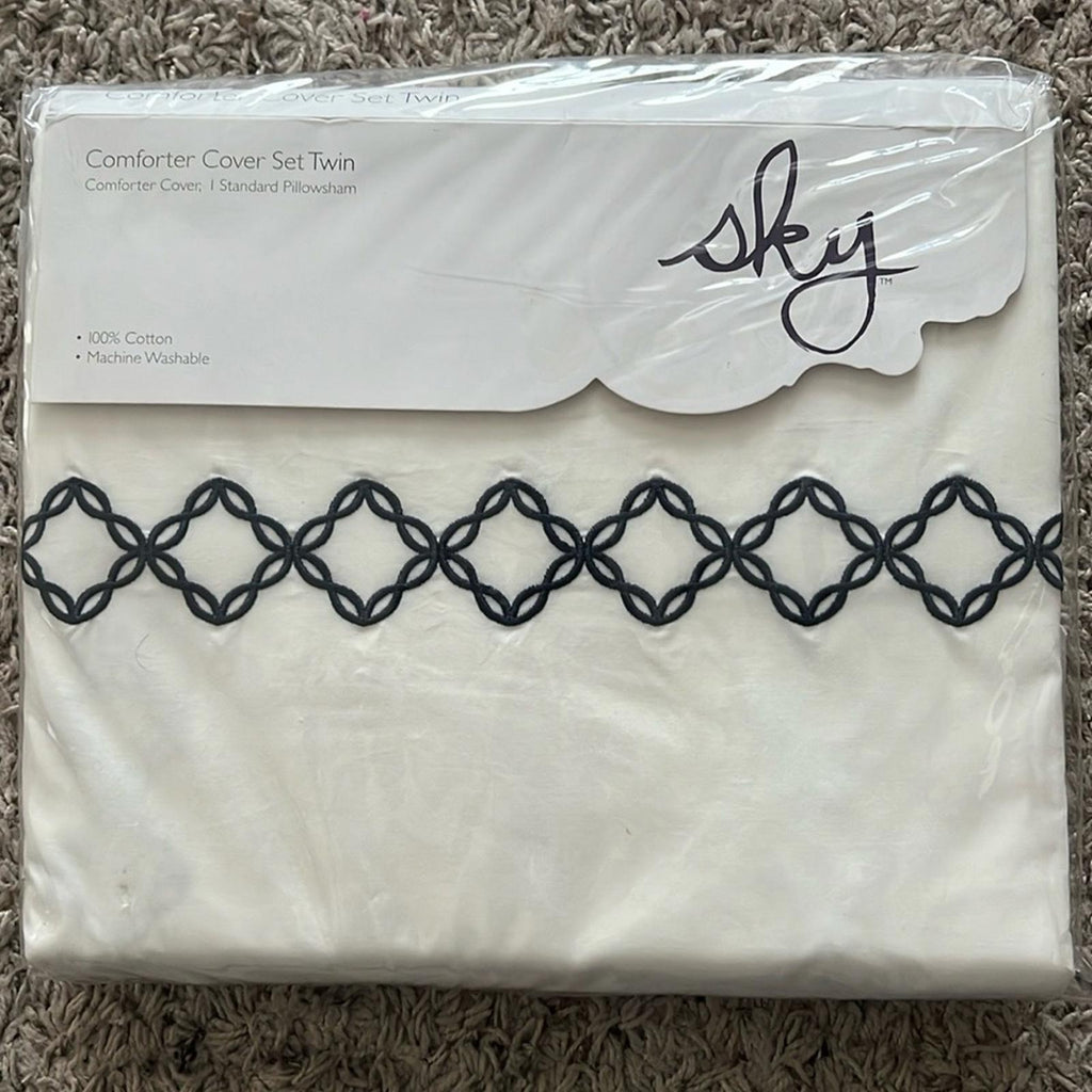 Sky NAVY Embroidered Percale Duvet Cover and Shams Set, Twin NEW w/Tag $230
