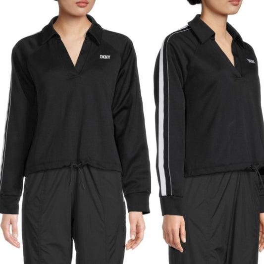 DKNY SPORT Tape Sleeve Drawstring Hem Pullover Top, Black Size XL New w/o Tag