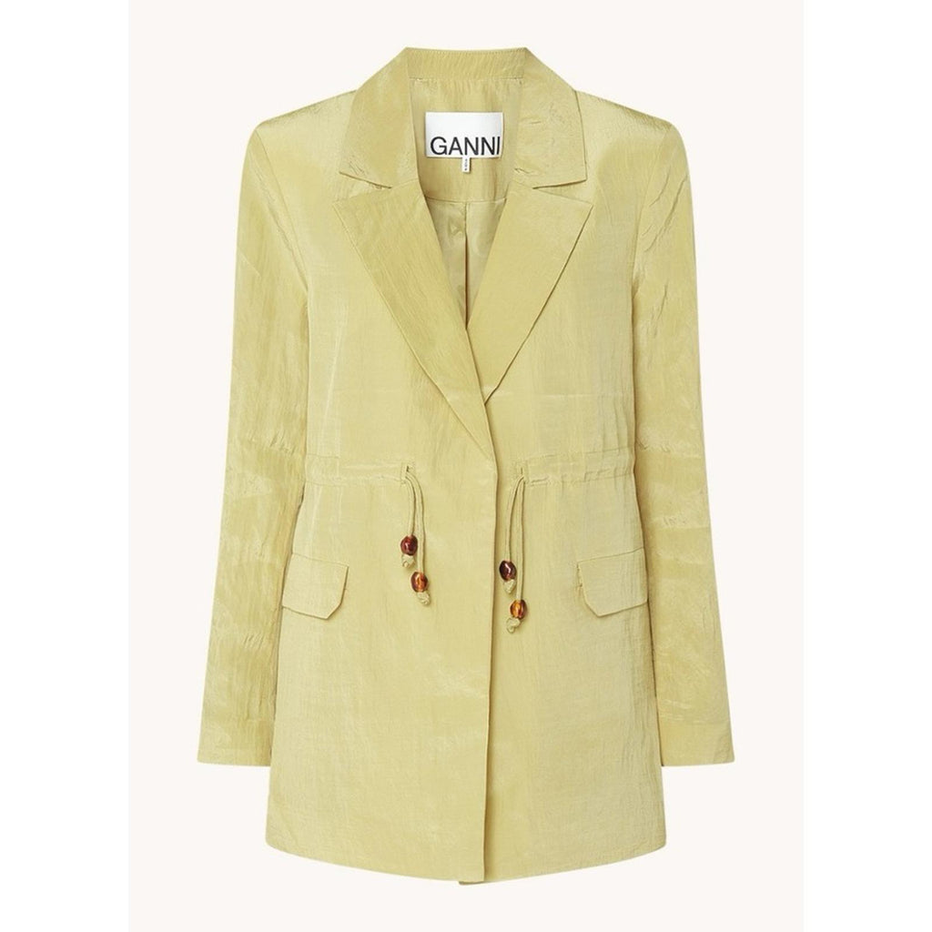 Ganni Bead-Embellished Crinkled Shell Shiny Blazer, Leek Green, Size 46 New wTag