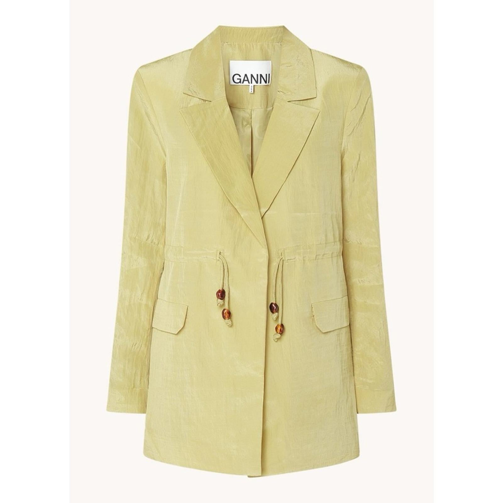 Ganni Bead-Embellished Crinkled Shell Shiny Blazer, Leek Green, Size 46 New wTag