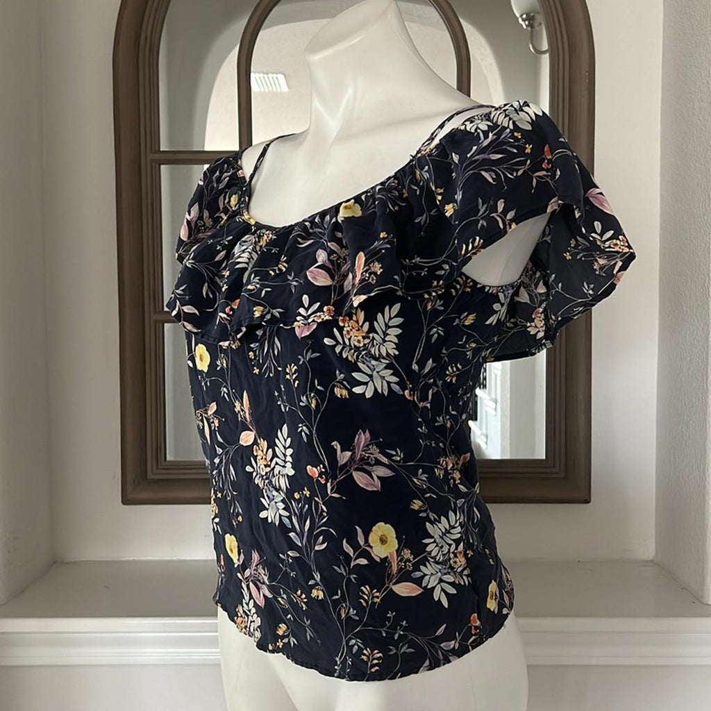 AMOUR VERT 100% Silk Floral Cold Shoulder Blouse, Blue Multi Size XS