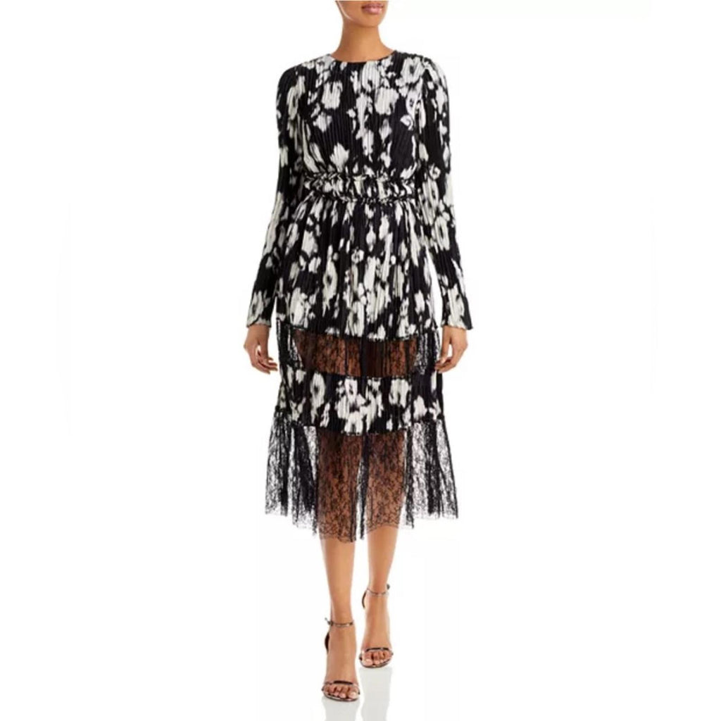 Jason Wu Collection Lace-Paneled Floral Plissé Silk-Satin Midi Dress, NWT, Size4
