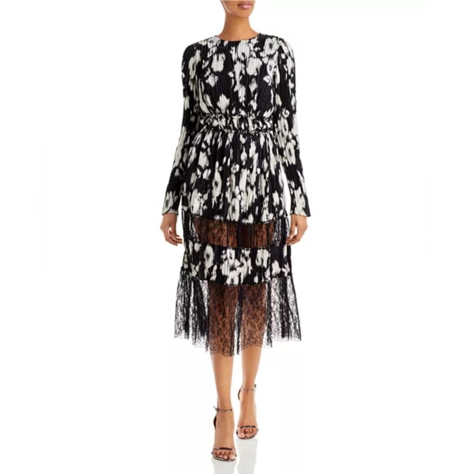 Jason Wu Collection Lace-Paneled Floral Plissé Silk-Satin Midi Dress, NWT, Size4
