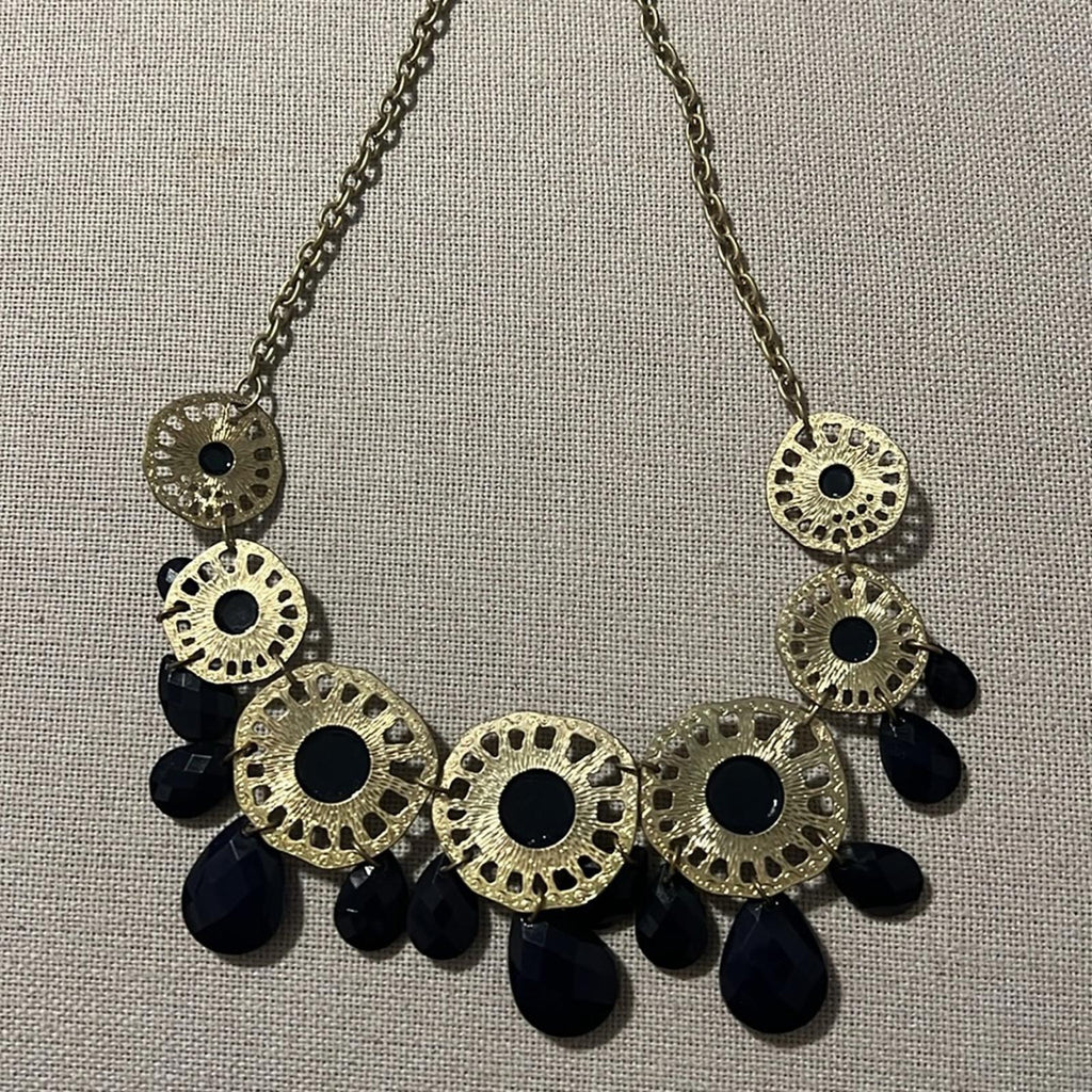 Gold-Tone Chain with Blue Rhinestones Necklace, Pristine Condition