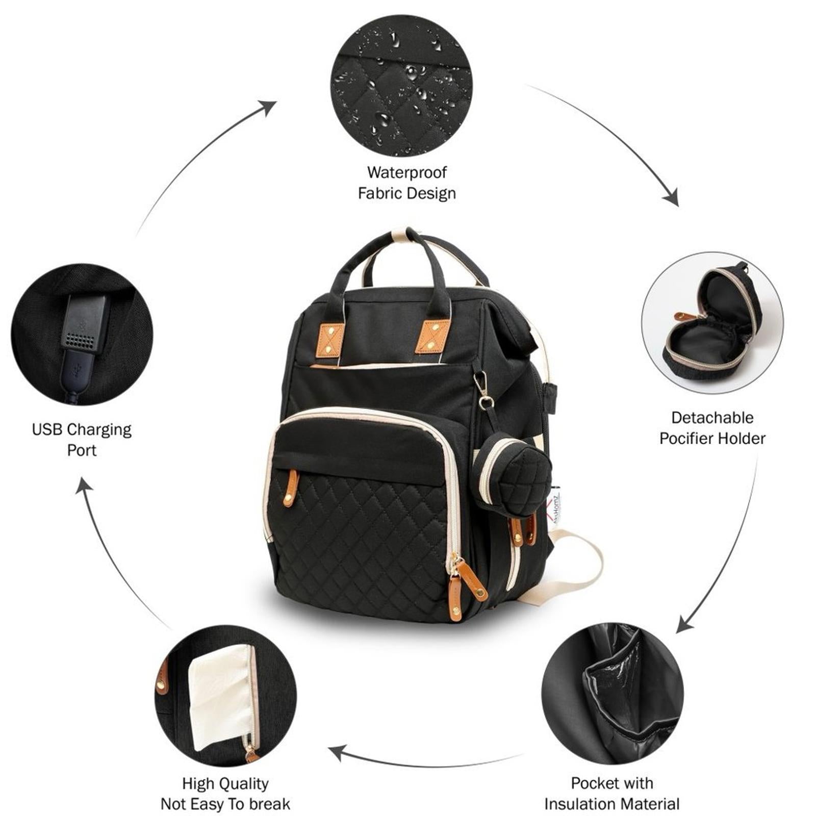 Akshomz Diaper Bag Backpack with Changing Station – Black Tan – New