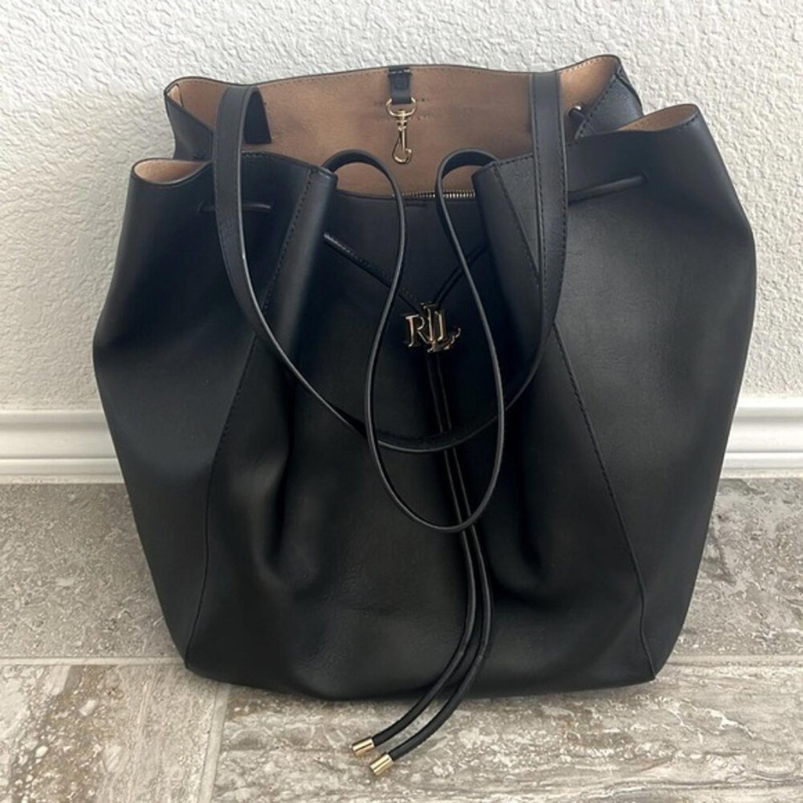 NEW Lauren Ralph Lauren Andie Large Leather Drawstring Tote in Black New w/o Tag