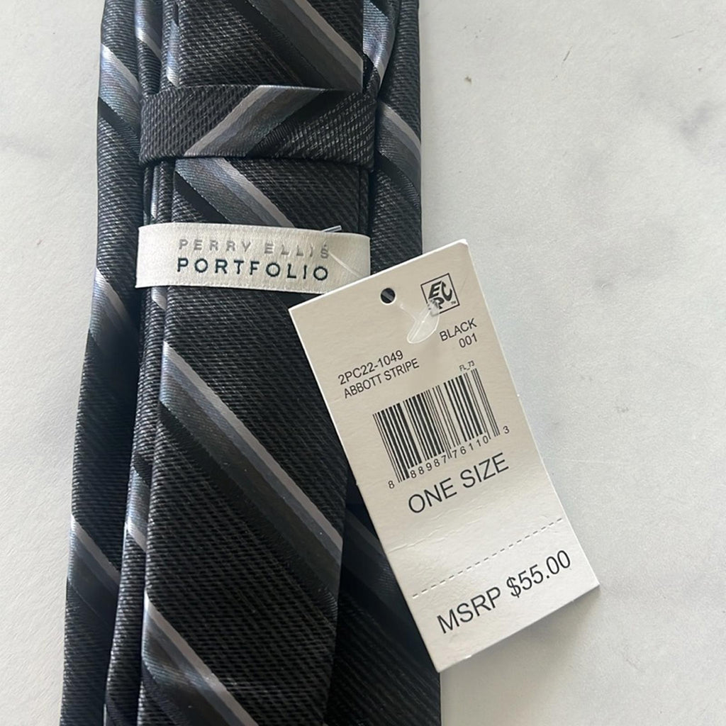 Perry Ellis The Abbott Stripe Tie in Black/Silver, One Size, NWT