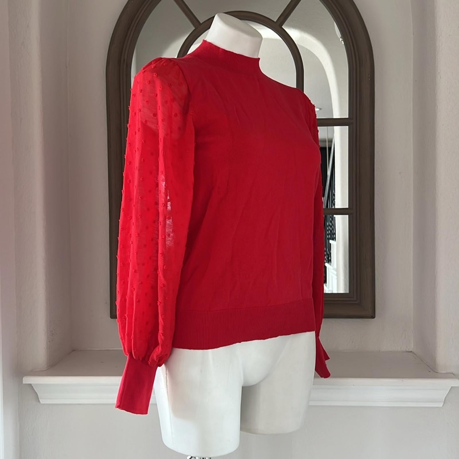 CeCe Clip Dot Sleeve Crewneck Sweater in Red, New w/Tag