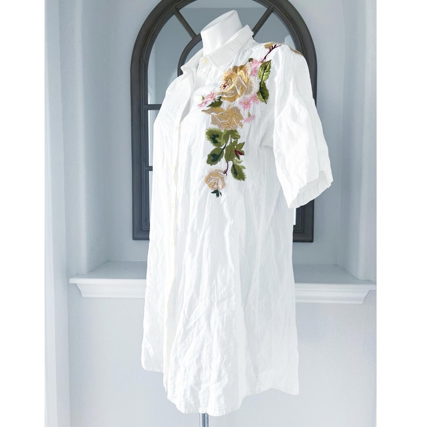 3J by Johnny Was Button Front Shirtdress with Floral Embroidery, White Size L