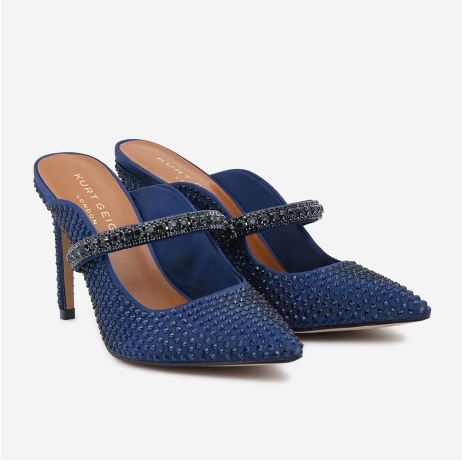 Kurt Geiger Blue Duke Drench 100 Crystal-Embellished Mules Heels Size 41 NEW