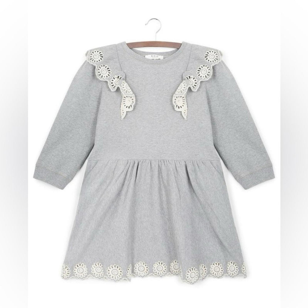 SEA Blaine Openwork Embroidery Adorned Long Sleeve Combo Dress, Grey Size 12Y