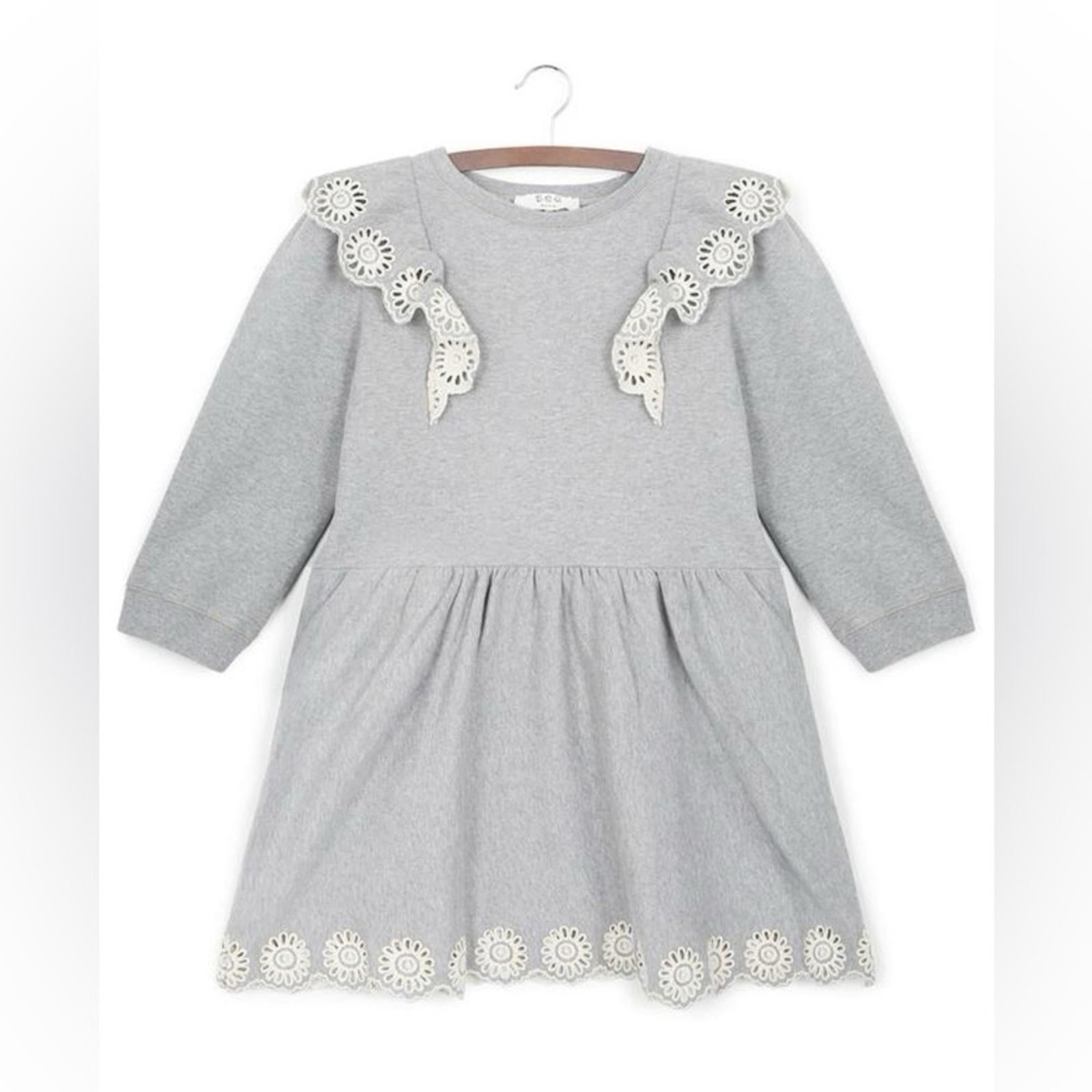 SEA Blaine Openwork Embroidery Adorned Long Sleeve Combo Dress, Grey Size 12Y