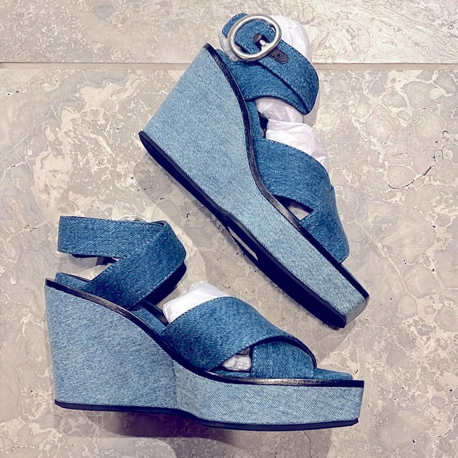Rag & Bone Santiago Ankle Strap Platform Wedge Sandals Denim, Size 8.5/38.5 NWT