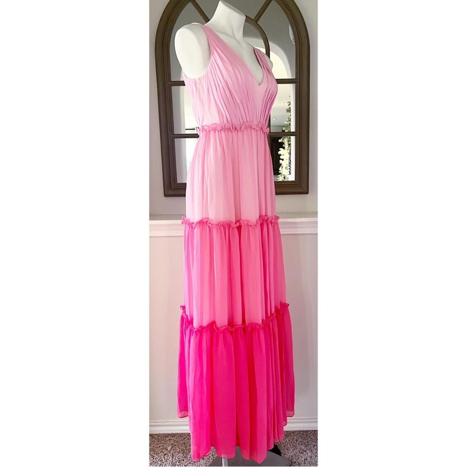 Aidan Mattox V-Neck Ciffon Color-Block Tiered Maxi Gown in Pink, Size 0 NWT $330