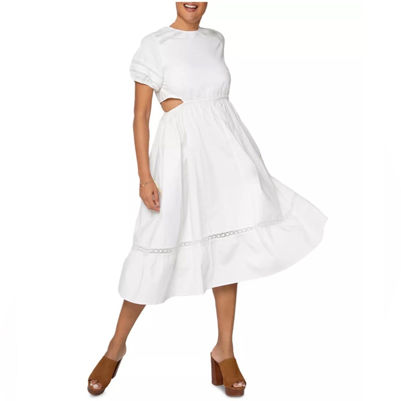 Leota Michelle Lace Trim Poplin Midi Dress, White Size L New w/Tag