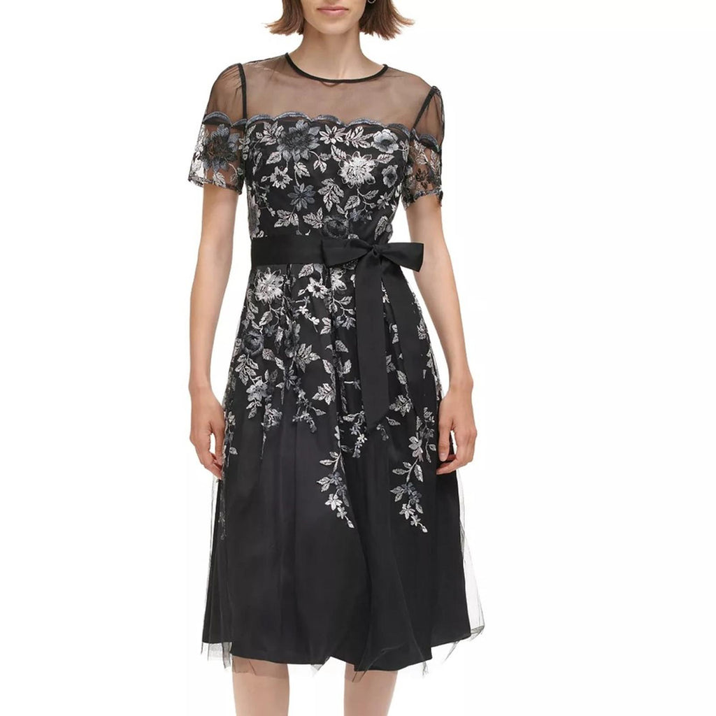 Eliza J. Embroidered Illusion Fit & Flare Dress w/Pockets Black Size 2 New w/Tag