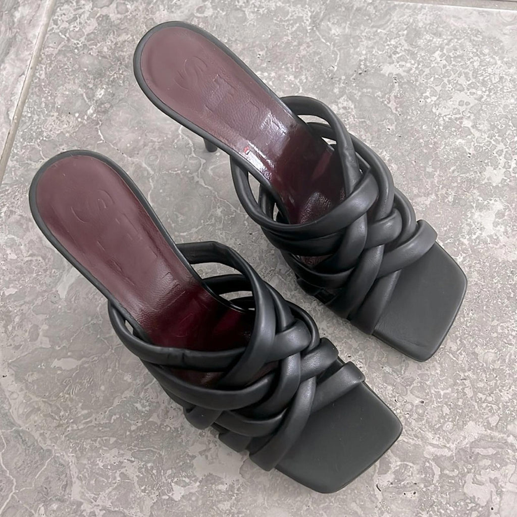 New STAUD Deepwater Square Toe Woven Strappy High Heel Sandals, Black Size 39.5