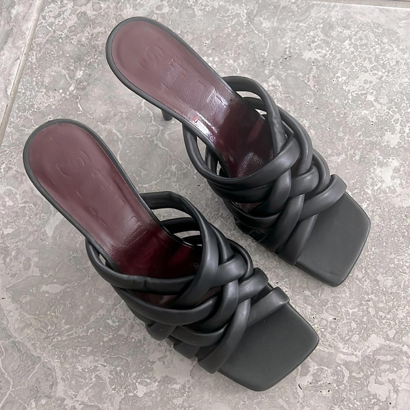 New STAUD Deepwater Square Toe Woven Strappy High Heel Sandals, Black Size 39.5
