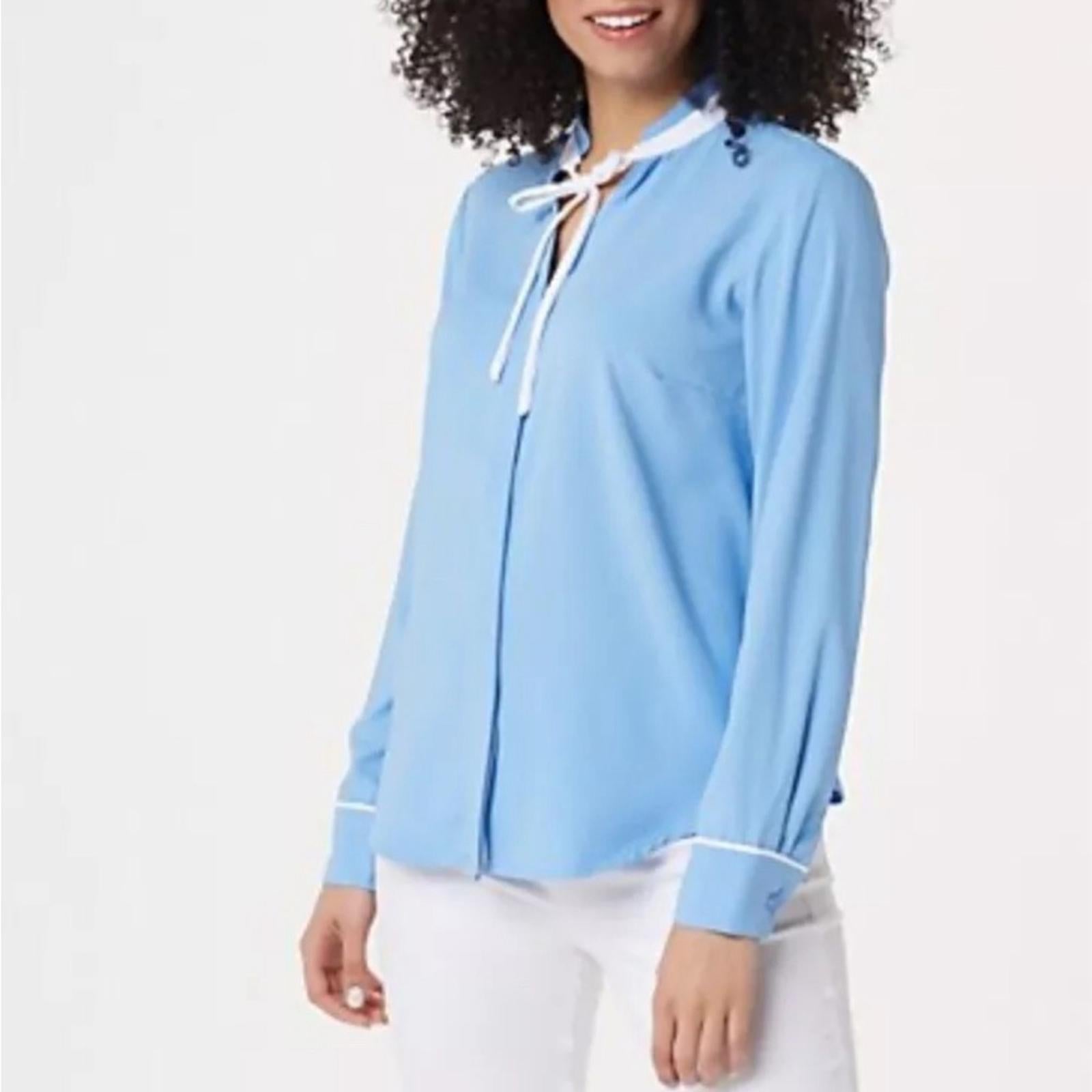 Elizabeth&Clarke NAVY Button-Front Tie Collar Top with StainTech Size 18W NWT