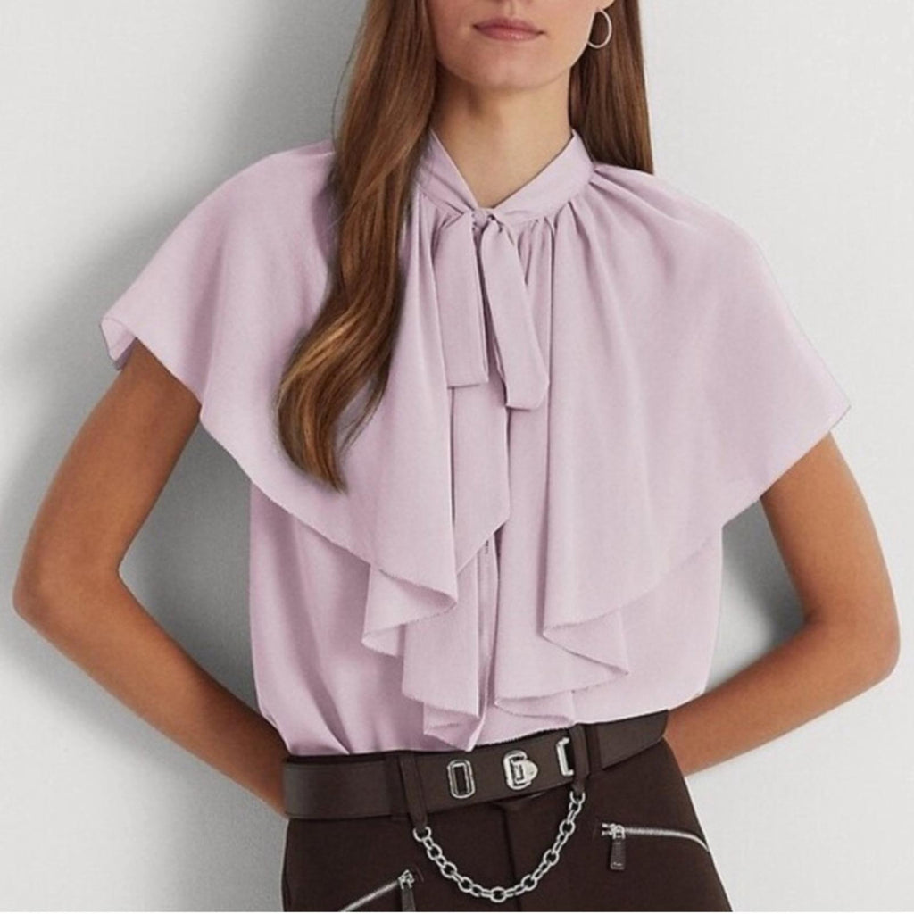 Lauren Ralph Lauren Tie-Neck Crinkle Georgette Cape Blouse Lt Purple Size XL NWT
