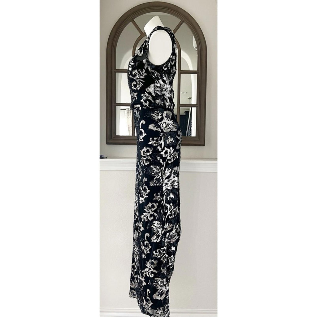 Badgley Mischka Midnight Swirl Long Formal Dress, Black Silver Size 10 $850