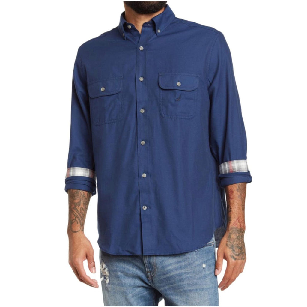 Nautica Twill Dress Shirt Navy Blue Plaid Detailed Rollable Sleeves, Size XL NWT