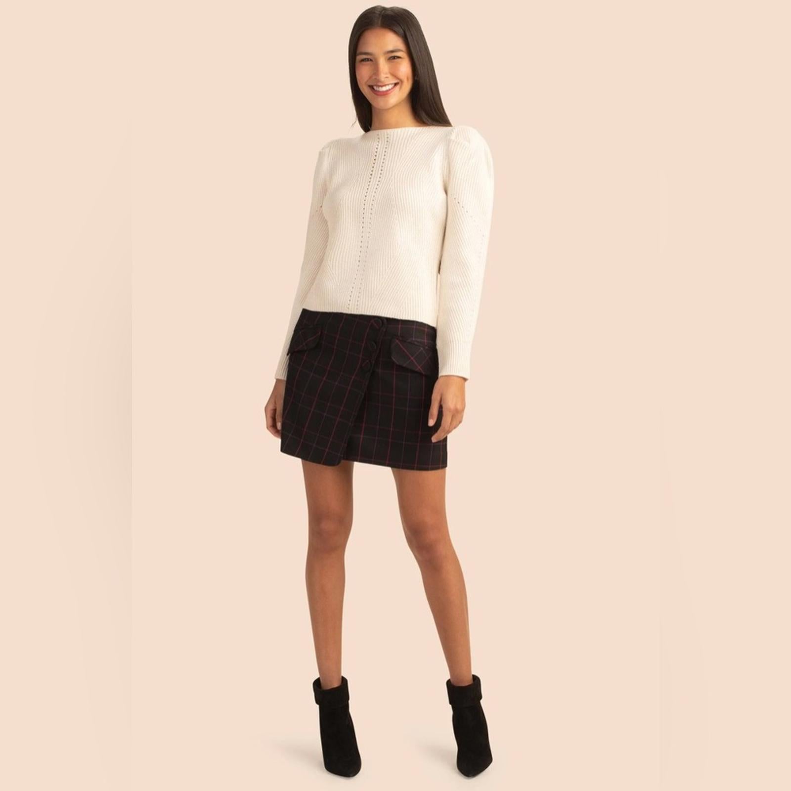 Trina Turk Dalhart Mixed-Stitch Puff-Shoulder Sweater in Ecru, Size L New w/Tag
