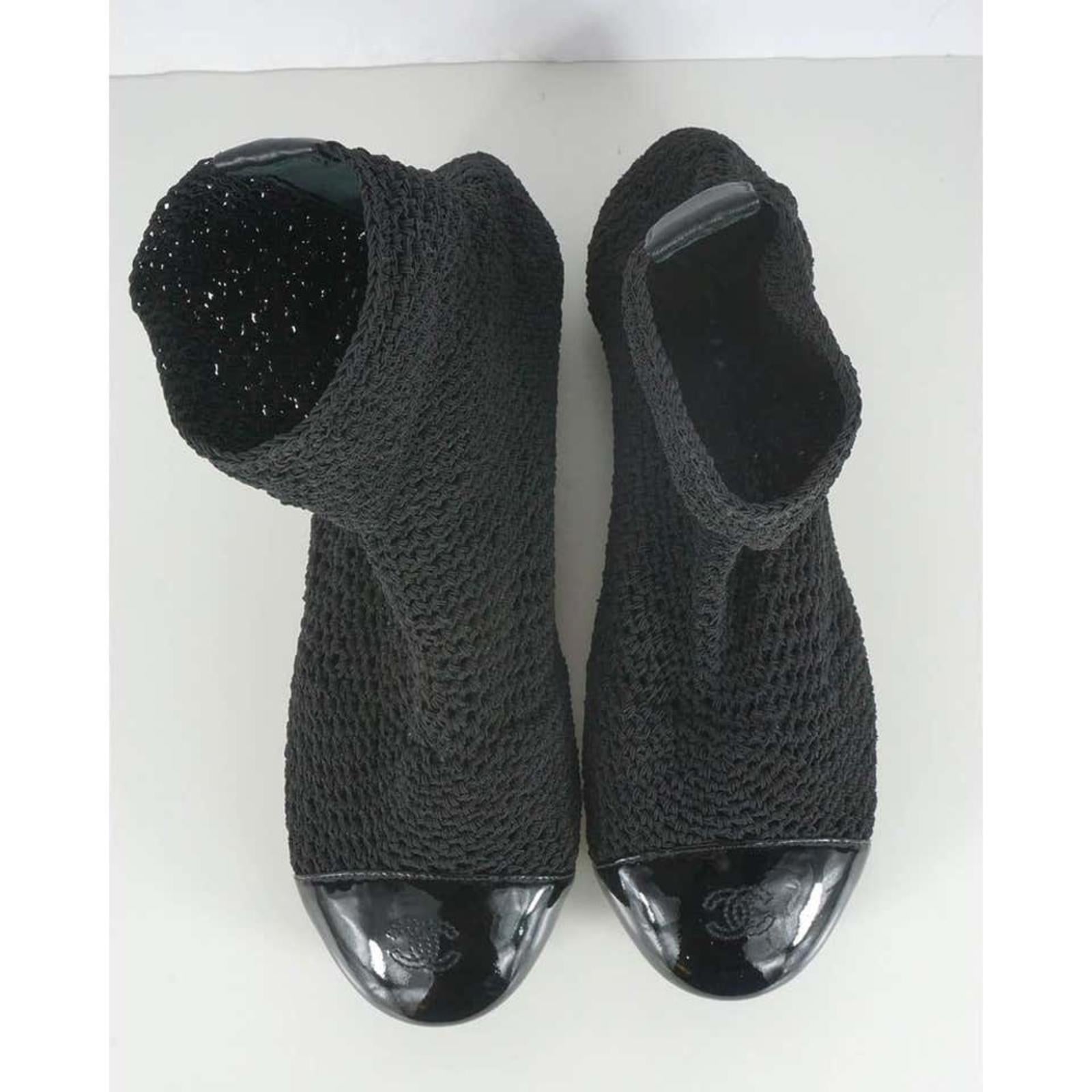 Rare CHANEL Crochet Patent Leather Cap Toe Sock Booties in Black, Size 35