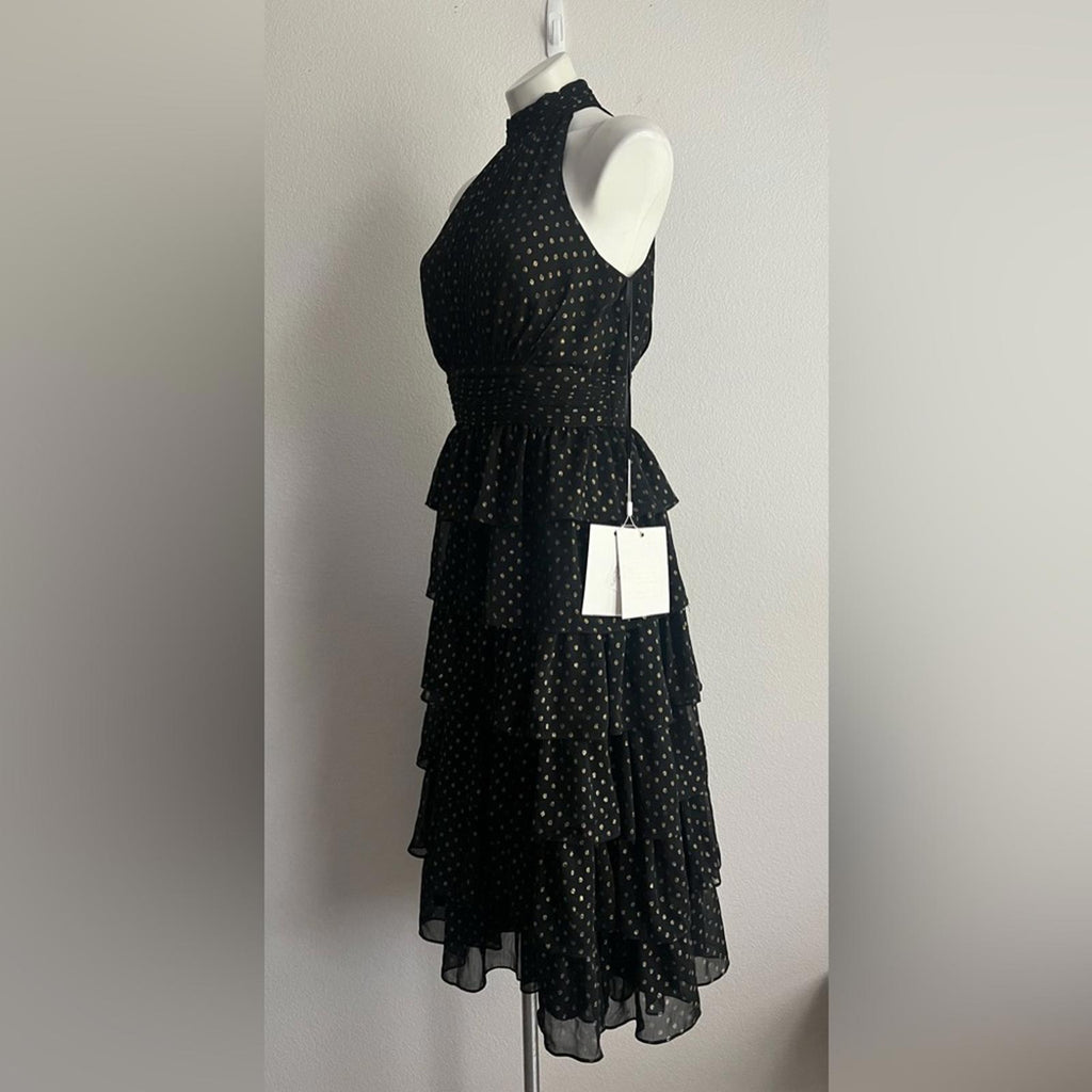 Mac Duggal Black Layered Polka Dot Cocktail Dress in Black/Gold, NWT, Size 8