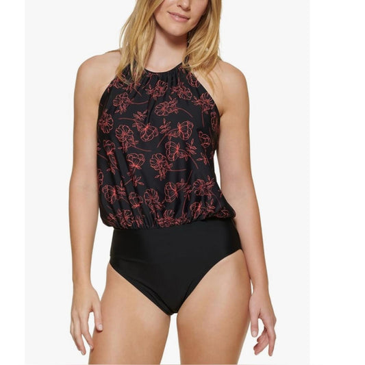 Calvin Klein High Neck Halter Blouson in Black/Red, Size 8 NEW w/Tag $118