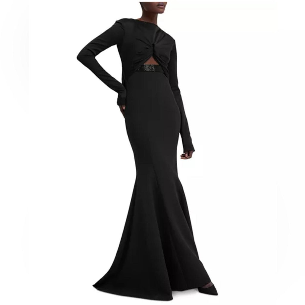 Safiyaa BLACK Cutout Beaded Belt Gown with Gun Metal New
