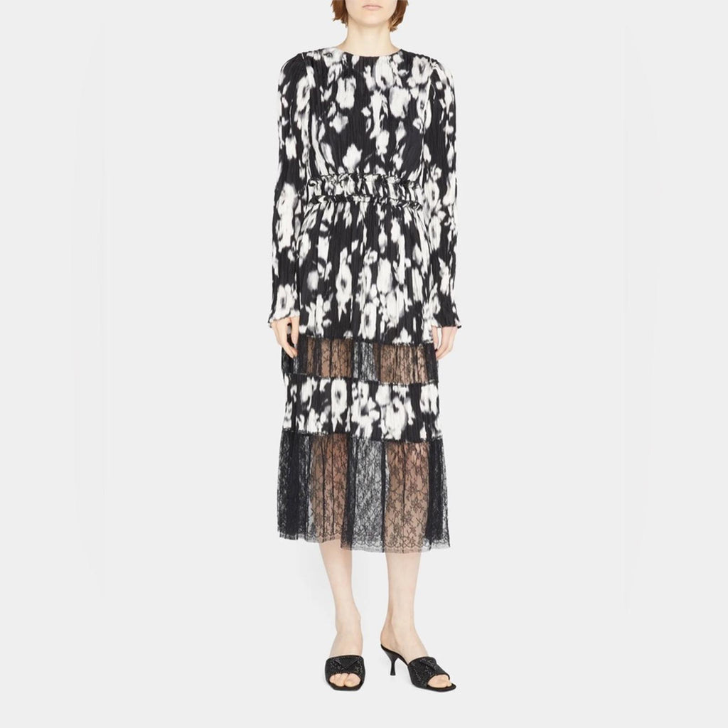 Jason Wu Collection Lace-Paneled Floral Plissé Silk-Satin Midi Dress, NWT, Size4