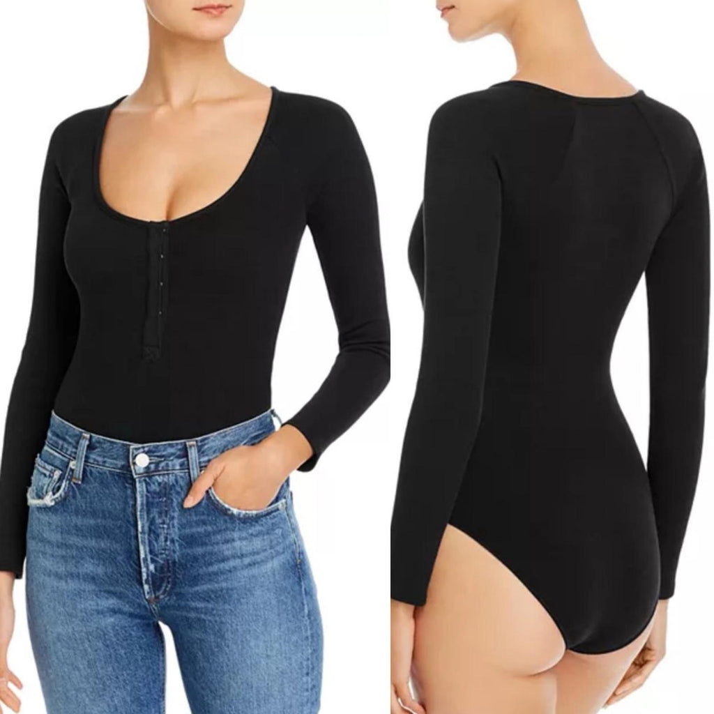 Good American Snap Front Bodysuit in Black, Long Sleeves Size 4/XL NEW w/Tag