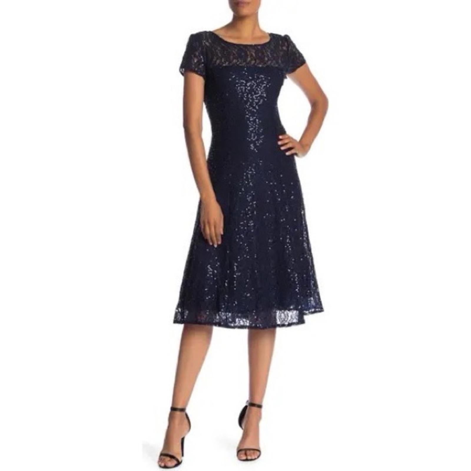 SL Fashions Sequined Lace Midi Dress in Navy, NWT, Size 16