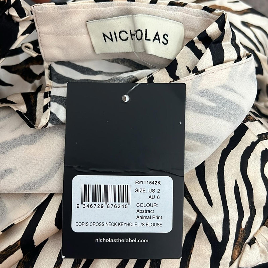 Nicholas Doris Cross Neck Keyhole L/S Blouse in Abstract Animal Print Size 2 NWT