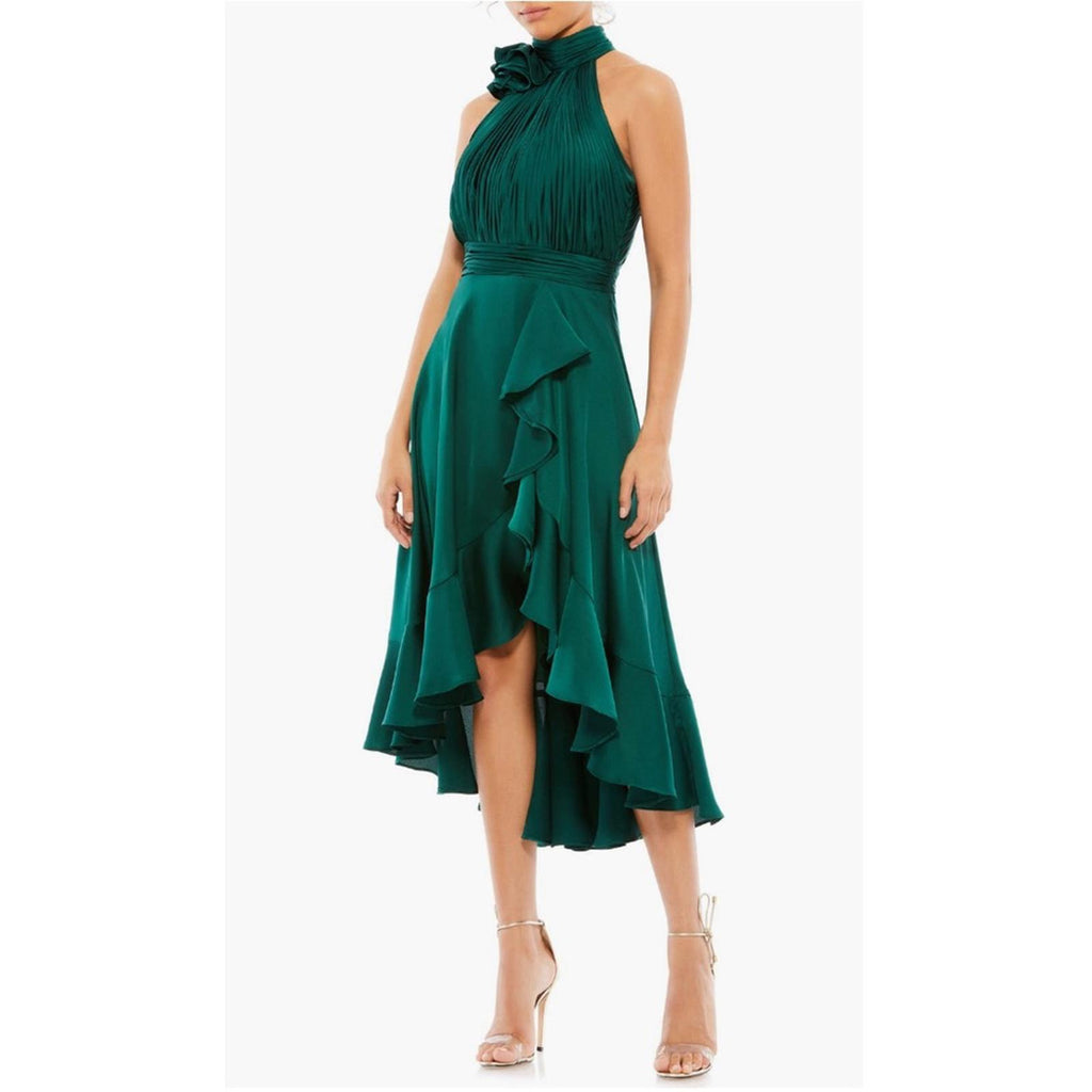 Mac Duggal Pleated Bodice High-Low Satin Cocktail Dress in Emerald Green NWT