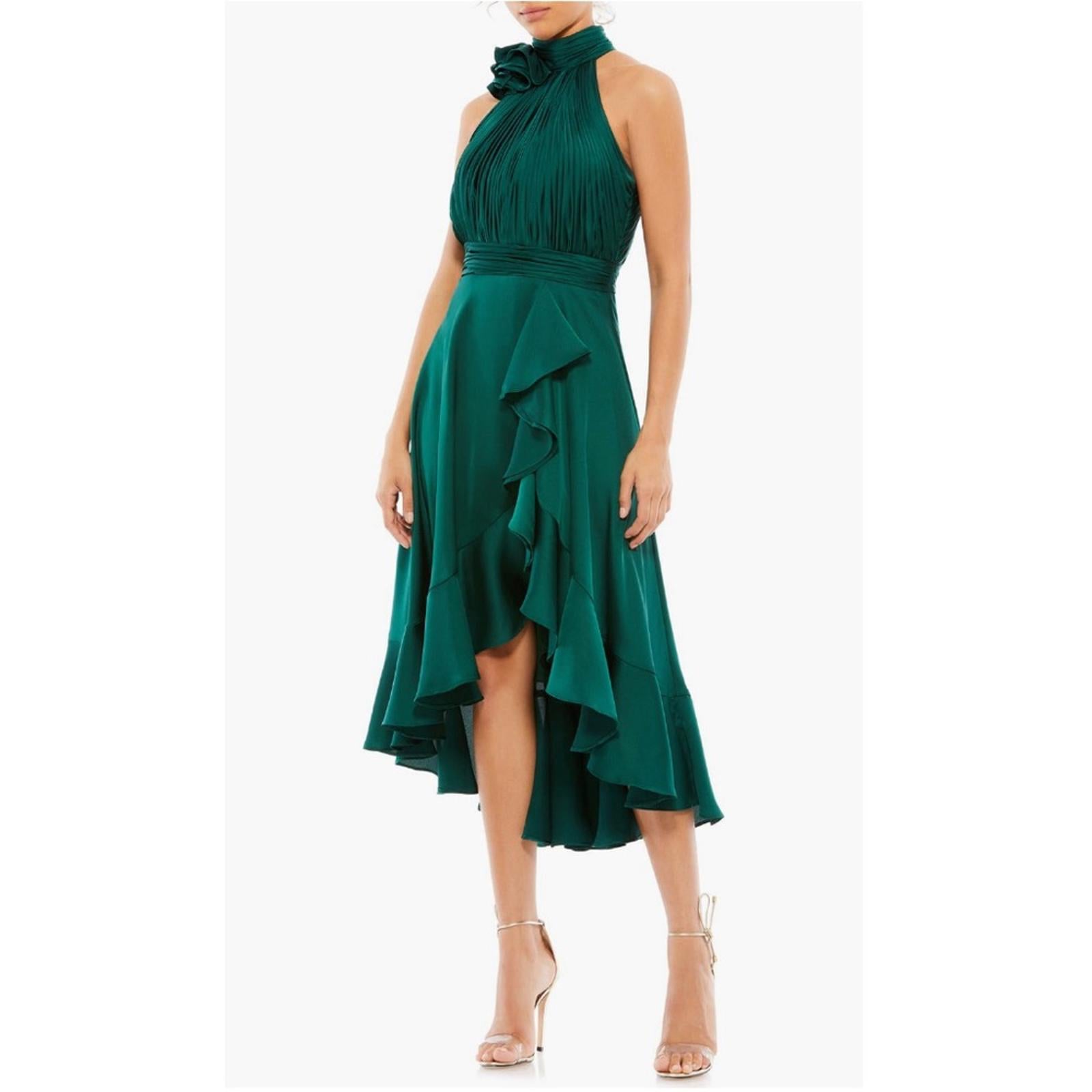 Mac Duggal Pleated Bodice High-Low Satin Cocktail Dress in Emerald Green NWT