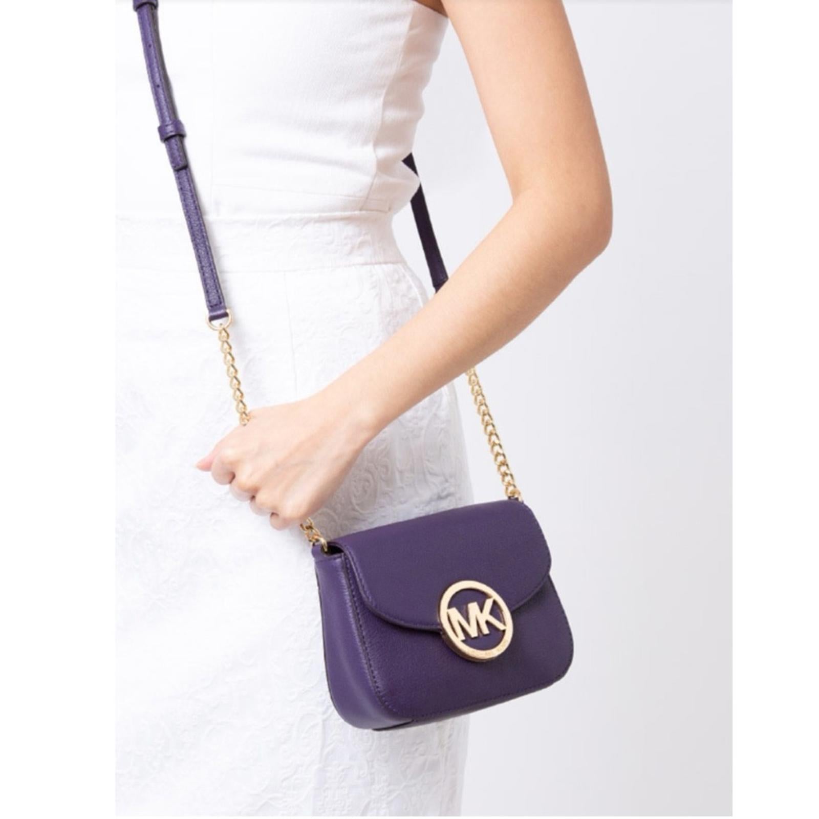 Michael Kors Fulton Leather Flap Crossbody Bag, Purple & Gold Tone Retail $208