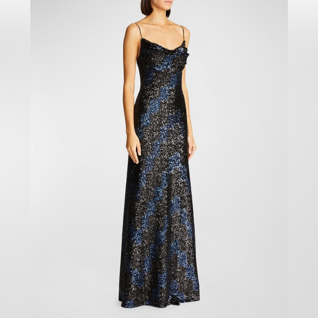 Halston Syrena Gown in Wave Sequined , Black/Navy Size 12 New w/Tag Retail $595